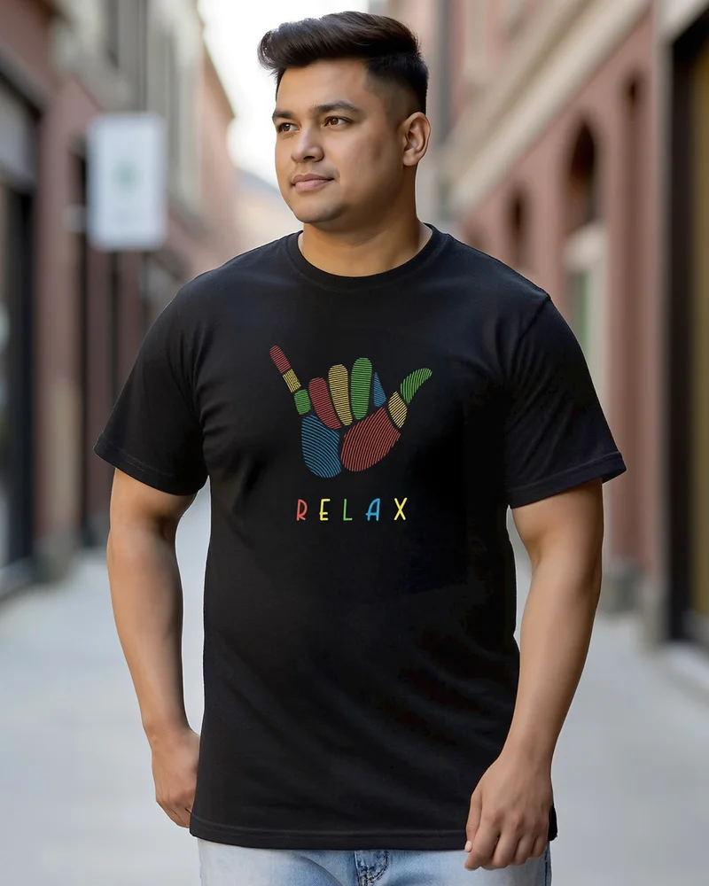 bewakoof Men's Black Hang Loose Relax Graphic Printed Plus Size T-shirt